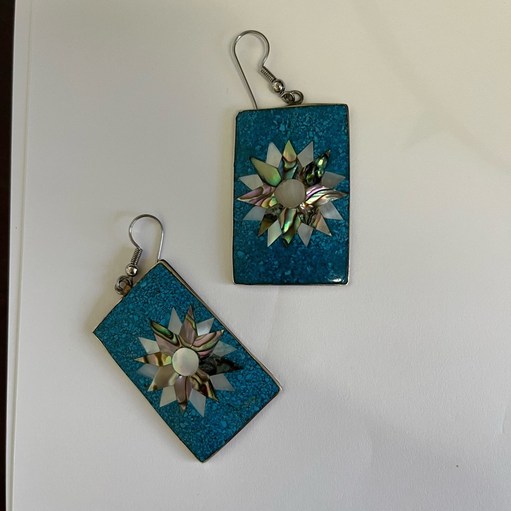 💙Vintage Alpaca Silver Abalone & Turquoise Blue BOLD Dangle Earrings Mexico💙